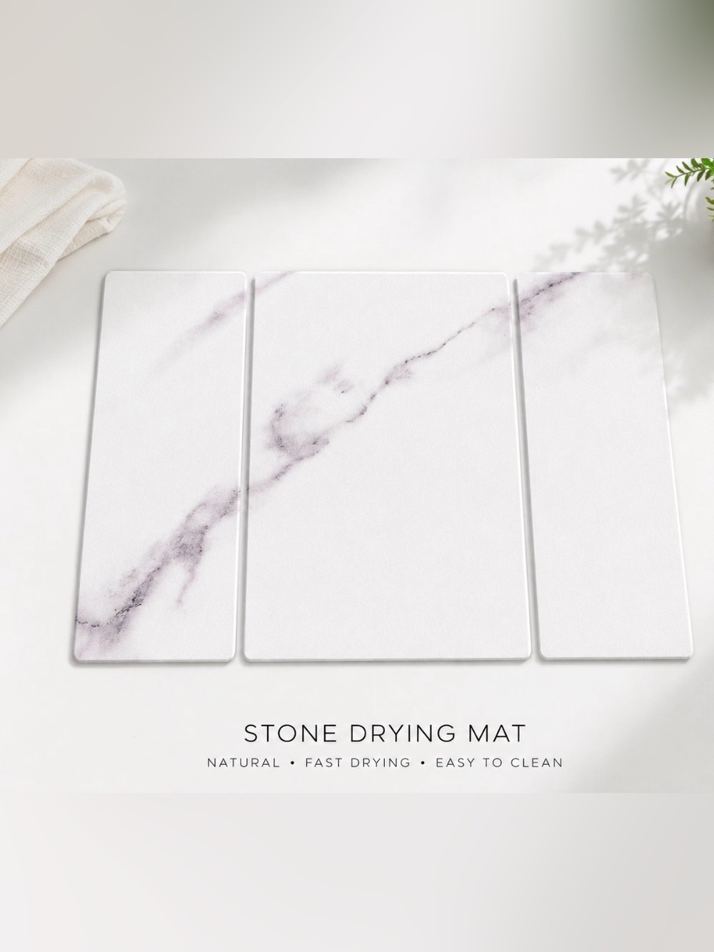 Marble-Pattern Stone Drying Mat - White with Light Gray Veining